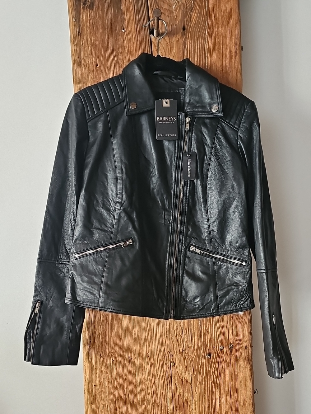 NWT Barney's New York Black Sheepskin Leather Moto Jacket Women's Sz 12